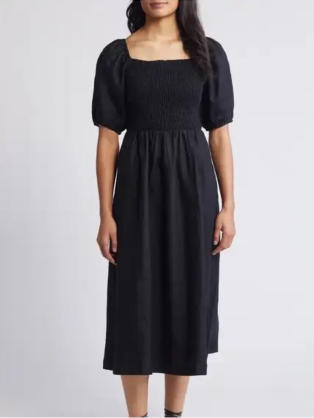 Boden Sky Smocked Short Sleeve Linen Midi Dress, black, EUC